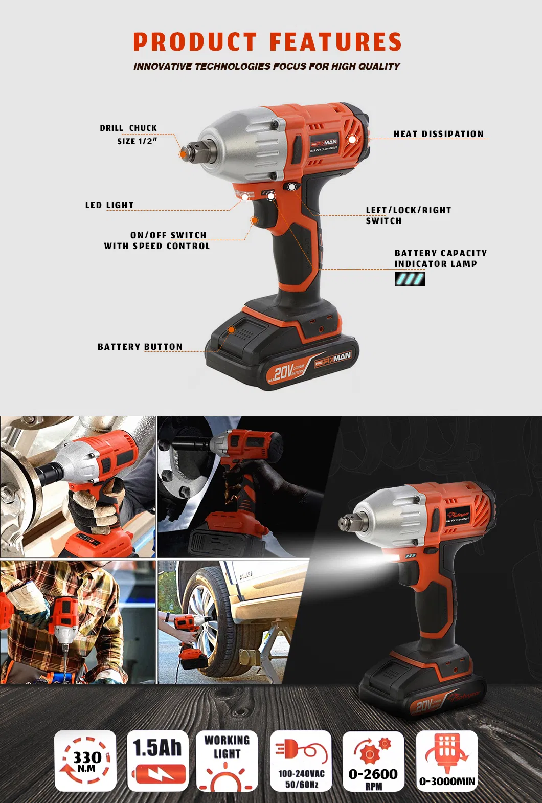20V 330nm Custom Wholesale Wrench Cordless Impact Hardware Power Tools
