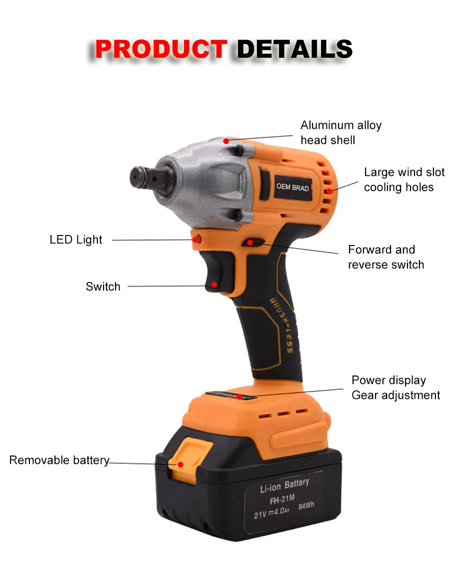 Rechargeable 68V Brushless Li-ion Battery Electric Cordless Impact Wrench for Tires